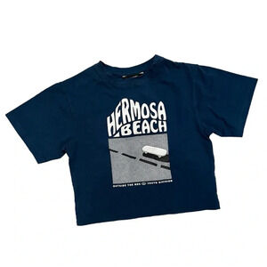 NWT Hundred Pieces Hermosa Beach Printed Skater Cropped Navy T-Shirt